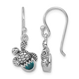 Sterling Silver Rhodium-Plated Antiqued Blue Crystal Hatching Turtle Dangle French Wire Earrings, 26 mm