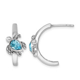 Sterling Silver Rhodium-Plated Polished and Antiqued Blue Crystal Turtle J-Hoop Earrings, 20 mm