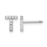 Cheryl M Sterling Silver Rhodium-Plated Polished Letter T Cubic Zirconia Initial Stud Earrings, 7.5 mm