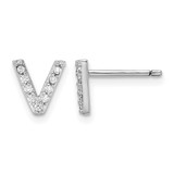 Cheryl M Sterling Silver Rhodium-Plated Polished Letter V Cubic Zirconia Initial Stud Earrings, 7.5 mm