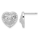 Cheryl M Sterling Silver Rhodium-Plated Polished Cubic Zirconia Filigree Heart Stud Earrings, 12.2 mm