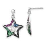 Sterling Silver with Black Rhodium Synthetic Spinel, Syn. Lab-Created Ruby & Cubic Zirconia Star Post Dangle Earrings, 22.25 mm