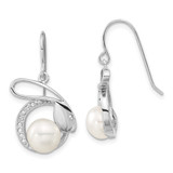 Sterling Silver Polished Cultured Freshwater Pearl & Cubic Zirconia Rabbit Dangle French Wire Earrings, 29.2 mm