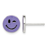 Sterling Silver Purple Enamel Winking Smiley Face Stud Earrings, 10 mm