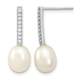 Sterling Silver Rhodium-Plated 8-9 mm White Rice Cultured Freshwater Pearl and Cubic Zirconia Post Dangle Earrings, 25.5 mm Long