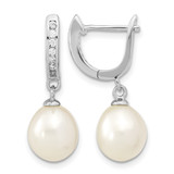 Sterling Silver Rhodium-Plated 8-9 mm White Rice Cultured Freshwater Pearl and Cubic Zirconia Dangle Hoop Drop Earrings, 25.5 mm Long