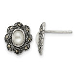 Sterling Silver Antiqued Marcasite & Mother of Pearl Stud Earrings, 12.93 mm
