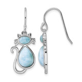 Sterling Silver Rhodium-Plated Polished Larimar Cat Dangle French Wire Earrings, 32.25 mm