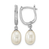 Sterling Silver Rhodium-Plated 7-8 mm White Rice Cultured Freshwater Pearl and Cubic Zirconia Hoop Dangle Earrings, 27.68 mm Long