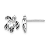 Sterling Silver Rhodium-Plated Polished and Antiqued White Crystal April Birthstone Turtle Stud Earrings, 10.4 mm