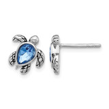Sterling Silver Rhodium-Plated Polished Antiqued Blue Crystal September Birthstone Turtle Stud Earrings, 10.4 mm