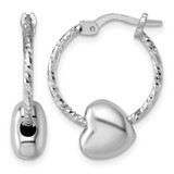 Sterling Silver Rhodium-Plated Twisted Diamond-Cut with Puffed Heart Bead Hoop Earrings, 22 mm