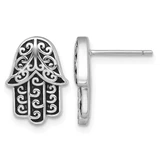 Sterling Silver Rhodium-Plated Polished and Oxidized Filigree Hamsa Post Drop Earrings, 13.1 mm