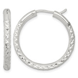 Sterling Silver Laser and Diamond-Cut 30 x 3.25 mm Hidden Catch Round Hoop Earrings, 30 mm Long
