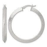 Sterling Silver Textured 40 x 4.0 mm Knife Edge Greek Key Round Hoop Earrings