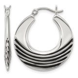 Sterling Silver Polished with Black Enamel Stripes Round Hollow Hoop Earrings, 27.65 mm