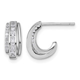 Sterling Silver Rhodium-Plated Cubic Zirconia 3-Row Polished J-Hoop Post Earrings, 11.9 mm