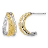 Sterling Silver Rhodium-Plated and Gold-Tone Cubic Zirconia Brushed and Polished Curved J-Hoop Post Earrings, 18.2 mm