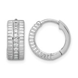 Sterling Silver Rhodium-Plated Polished and Grooved Cubic Zirconia 6.2 mm Hinged Hoop Earrings, 14.9 mm Long