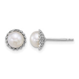 Sterling Silver Rhodium-Plated 6-7 mm Button White Cultured Freshwater Pearl Zig-Zag Edge Stud Earrings, 7.7 mm Long