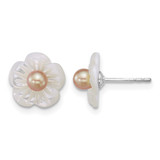 Sterling Silver Rhodium-Plated 3-4 mm Pink Round Cultured Freshwater Pearl and White Mother of Pearl Flower Stud Earrings, 9.5 mm Long