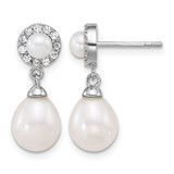 Sterling Silver Rhodium-Plated 4-5 mm Round and 6-8 mm Teardrop Cultured Freshwater Pearl and Cubic Zirconia Halo Dangle Post Earrings, 21.4 mm Long