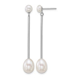 Sterling Silver Rhodium-Plated 5-6 mm Button and 7-8 mm Teardrop White Cultured Freshwater Pearl and Bar Dangle Post Earrings, 47.9 mm Long