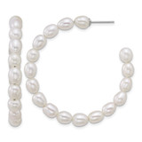 Sterling Silver Rhodium-Plated 5-6 mm Rice White Cultured Freshwater Pearl C-Hoop Post Earrings, 44.5 mm Long