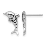 Sterling Silver Rhodium-Plated Polished and Oxidized Filigree Dolphin Stud Earrings, 9.4 mm