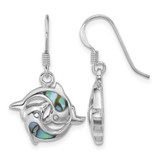 Sterling Silver Rhodium-Plated Polished Abalone Dolphins Dangle Shepherd Hook Drop French Wire Earrings, 28 mm