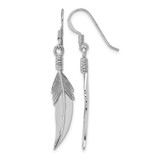 Sterling Silver Rhodium-Plated Polished and Textured Feather Dangle Shepherd Hook Drop French Wire Earrings, 42.6 mm