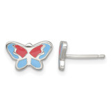 Rhodium-Plated Sterling Silver Polished Orange and Blue Enameled Butterfly Stud Earrings, 7.5 mm