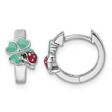 Sterling Silver Rhodium-Plated Enameled Ladybug and 4-Leaf Clover Hinged Hoop Earrings, 10.8 mm