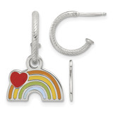 Rhodium-Plated Sterling Silver Enameled Heart and Rainbow Removable Dangle Polished Grooved C-Hoop Post Drop Earrings, 22 mm