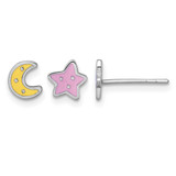 Sterling Silver Rhodium-Plated Polished Pink Star and Yellow Moon Enameled Stud Earrings - Pair Includes One of Ear Earrings, 6 mm Long