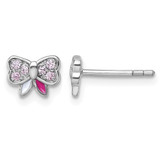 Sterling Silver Rhodium-Plated Pink Cubic Zirconia with Pink and White Enamel Bow Petite Stud Earrings, 5.3 mm
