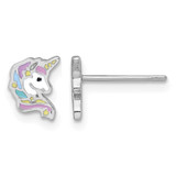 Sterling Silver Rhodium-Plated Polished White and Rainbow Enamel Unicorn Head Petite Stud Earrings, 8 mm