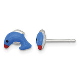 Rhodium-Plated Sterling Silver Polished Blue/Red/Black Enameled Dolphin Children'S Stud Earrings, 6 mm
