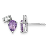 Sterling Silver Rhodium-Plated Polished Pear Amethyst and Emerald-Cut White Topaz Stud Earrings, 10.8 mm