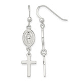 Sterling Silver Polished Spanish Miraculous Medal and Cross Dangle Shepherd Hook Drop French Wire Earrings, 31.1 mm
