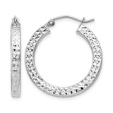 Sterling Silver Rhodium-Plated Diamond-Cut 3 x 25 mm Square Tube Hoop Earrings