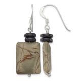 Sterling Silver Polished Black Mother of Pearl & Picasso Jasper Dangle French Wire Earrings, 43 mm