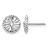Sterling Silver Rhodium-Plated Polished Beaded and Textured Cubic Zirconia Circle Stud Earrings