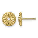Sterling Silver Gold-Tone Polished Beaded and Textured Cubic Zirconia Circle Stud Earrings