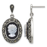 Sterling Silver Antiqued Marcasite with Black Agate and Mother of Pearl Cameo Dangle Earrings, 33.5 mm