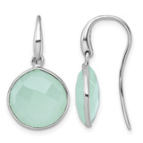 Sterling Silver Rhodium-Plated Polished Round Checker-Cut Green Chalcedony Shepherd Hook Drop French Wire Earrings, 26.8 mm