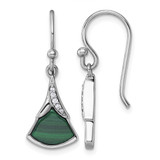 Sterling Silver Rhodium-Plated Polished White Cubic Zirconia and Malachite Fan Dangle Shepherd Hook Drop French Wire Earrings, 27.4 mm