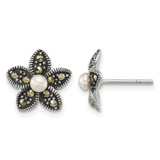 Sterling Silver Antiqued Marcasite and Cultured Freshwater Pearl Fancy Flower Stud Earrings, 12.3 mm