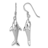 Sterling Silver Rhodium-Plated Polished Shark Dangle Shepherd Hook Drop French Wire Earrings, 26.1 mm
