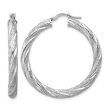 Sterling Silver Rhodium-Plated Polished and Textured Round Hoops Earrings, 40 mm